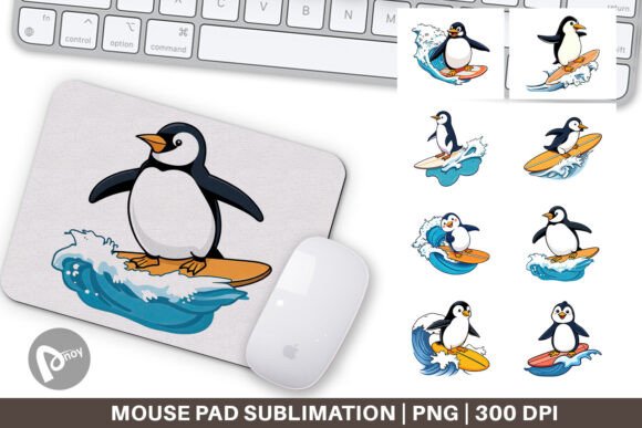 Penguin Surfing Wave Mouse Pad Design